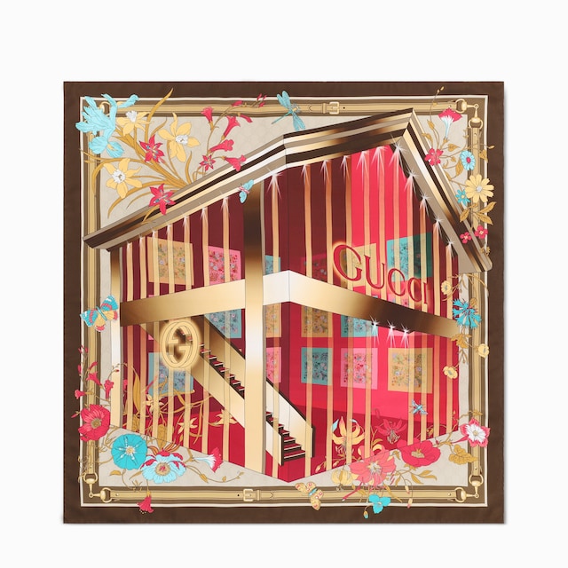 GUCCI グッチ フローラルクッション ピンク チェック タッセル付き 正規品 Printed silk twill carré in acquamarine and pink | GUCCI® US