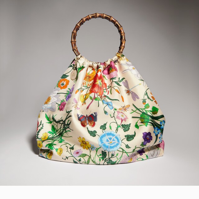 Silk maxi tote bag with bamboo handle