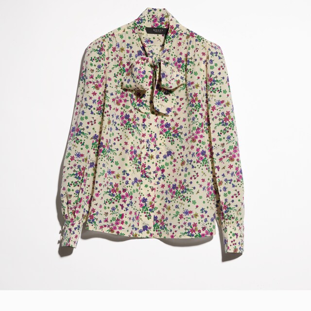 Printed silk shirt with bow - image 3