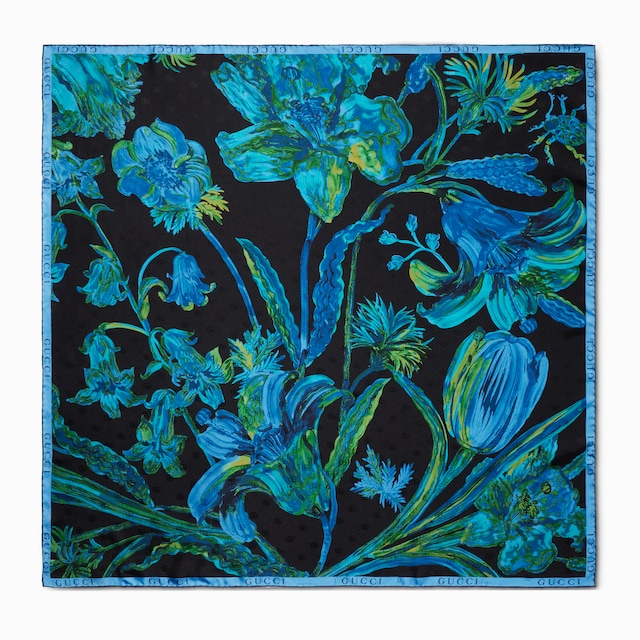 Vierecktuch aus Seidentwill mit Gucci Blumen- und Doppel G Print