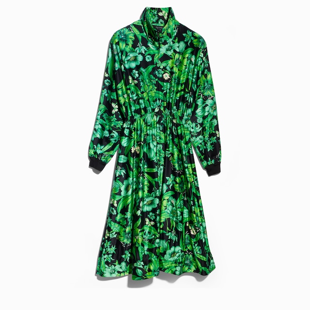 Printed shiny stretch silk long dress