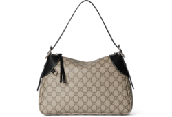 GG Emblem medium shoulder bag in beige and white fabric