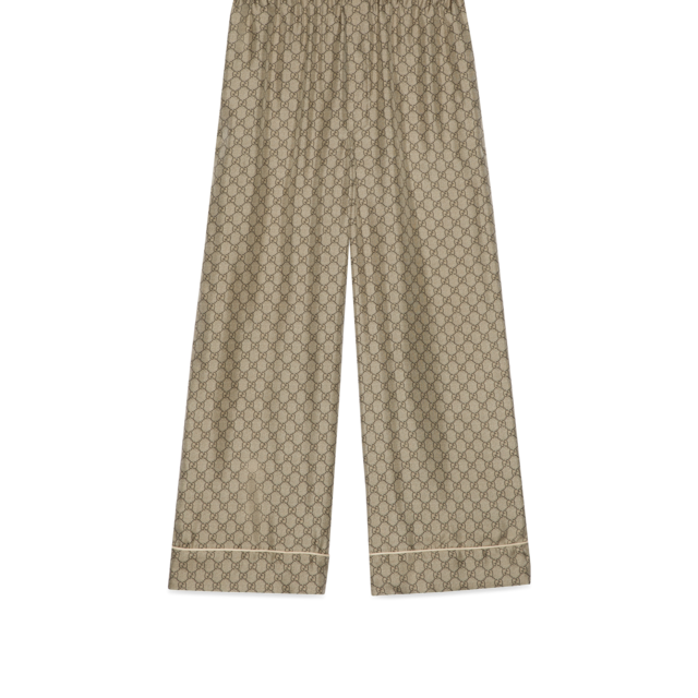 GG supreme print silk trousers in beige and ebony | GUCCI® PL