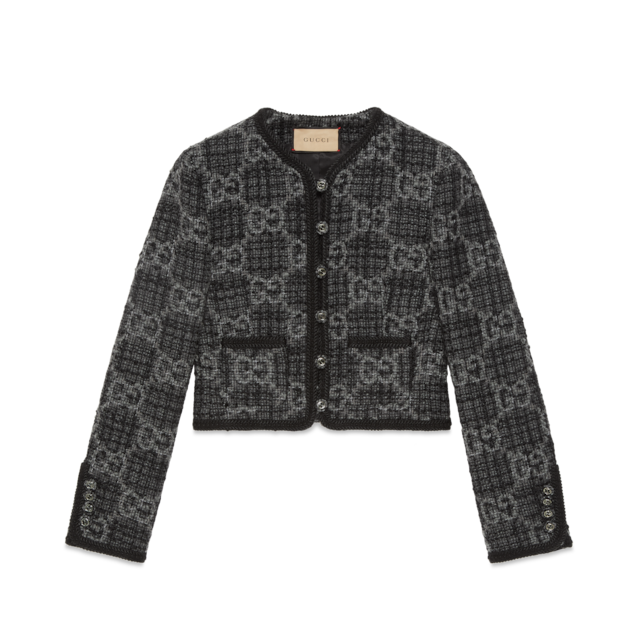 Embroidered GG wool tweed jacket in grey | GUCCI® US