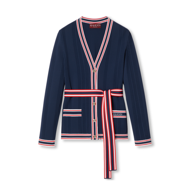 Cardigan with striped trim in dark green | GUCCI® US