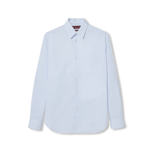 Embroidered striped cotton shirt in white and light blue