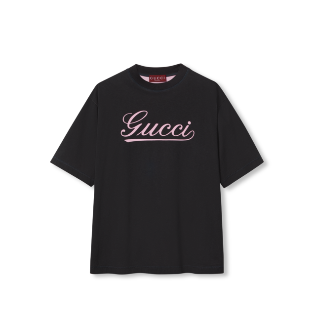 【高価値】 Cotton jersey T-shirt with Gucci print in black | GUCCI® TR トップス