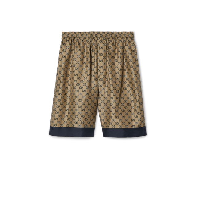 Printed silk twill shorts in beige, brown and fuchsia