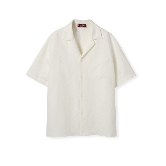 Embroidered striped cotton shirt in white and light blue