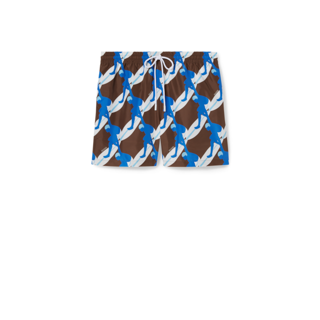 Printed technical poplin swim short in dark brown and pink