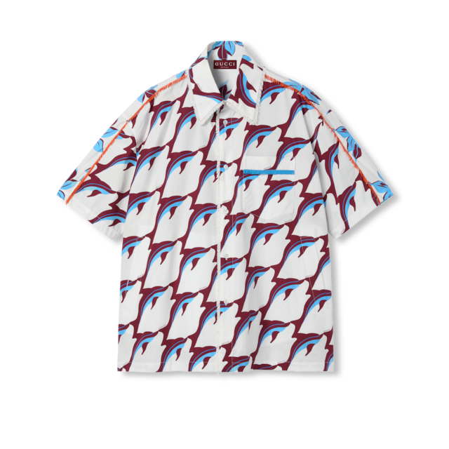 Printed oversize cotton poplin shirt in brown and purple