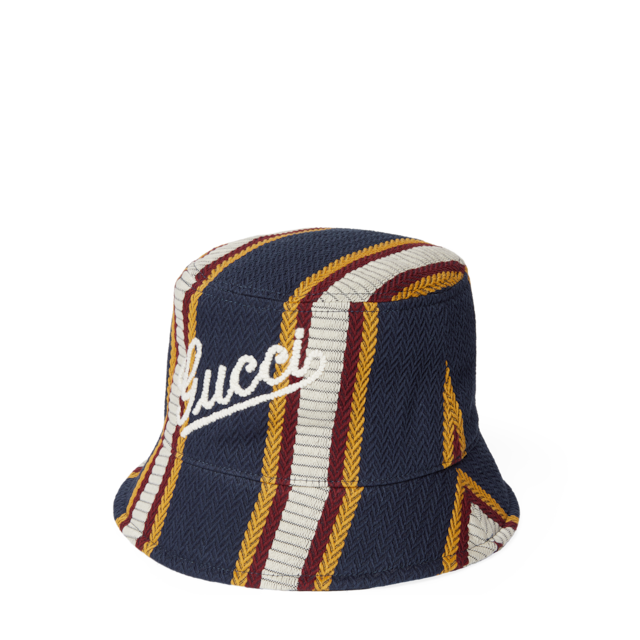 Striped canvas bucket hat with embroidery in green and