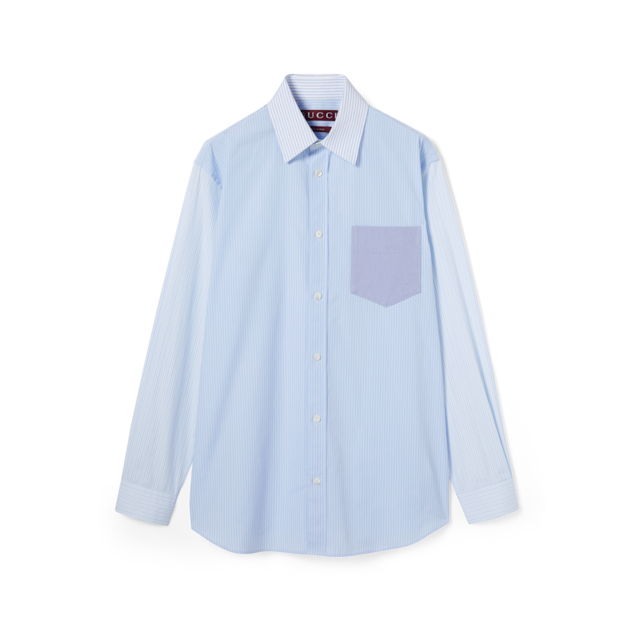 Embroidered striped cotton shirt in white and light blue
