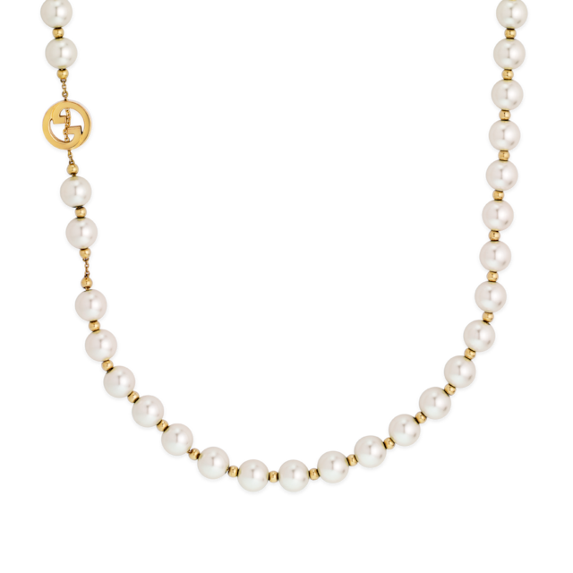 Glass pearl necklace with hook closure in light gold-toned
