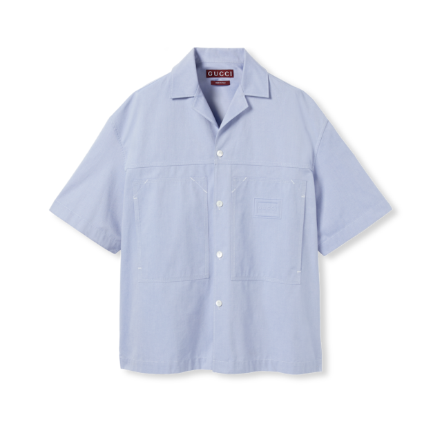 Embroidered striped cotton shirt in white and light blue