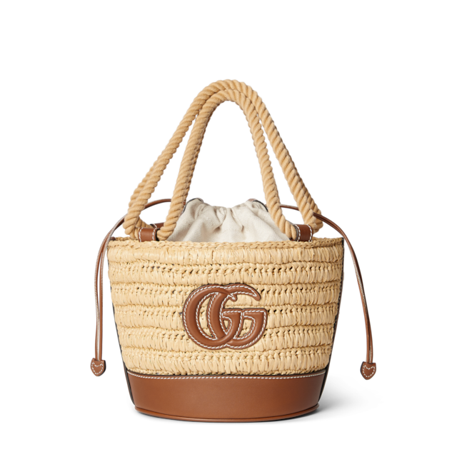 【GUCCI】 ウーヴン ミニ織り バケットバッグ 茶色 ラフィア ウーヴン ミニ バケットバッグナチュラル＆ブラック