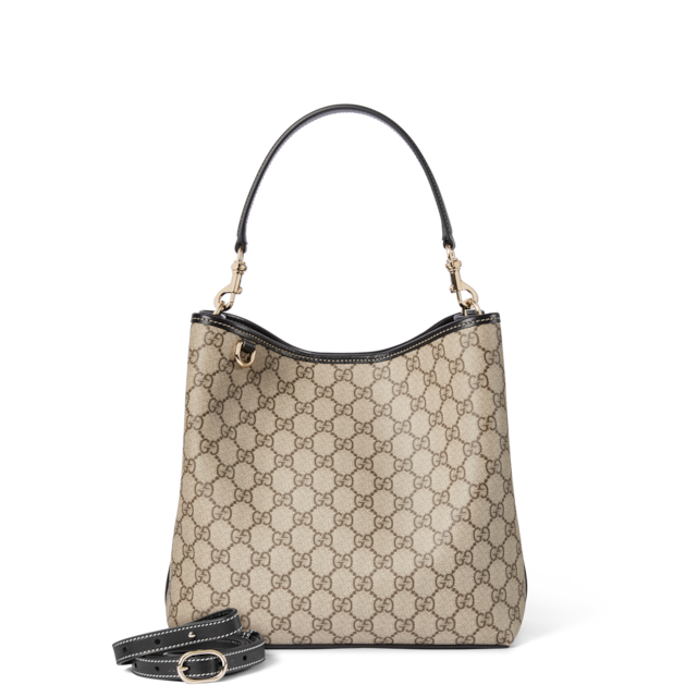 GG Emblem medium bucket bag in beige and dark brown fabric