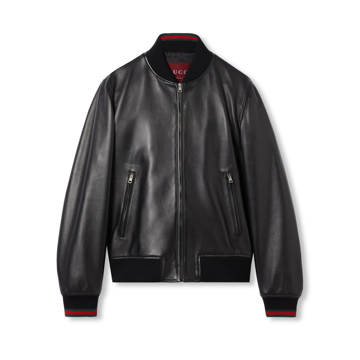 Gucci Leather Bomber Jacket With Web