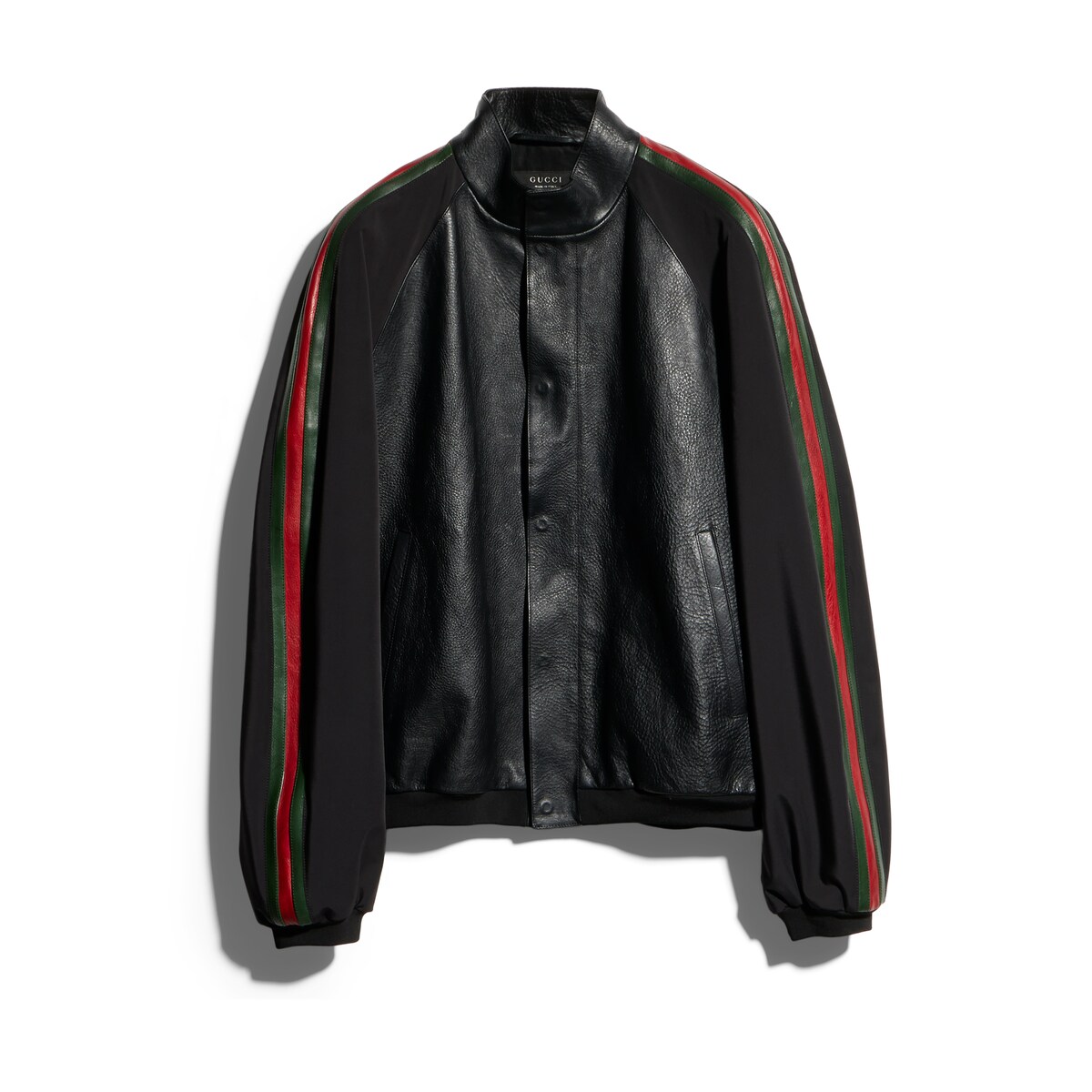 Gucci Grainy Leather Bomber Jacket With Web