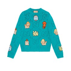 Knit cotton sweater with animal embroidery