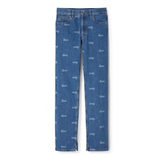 Denim pant with lasered Gucci detail