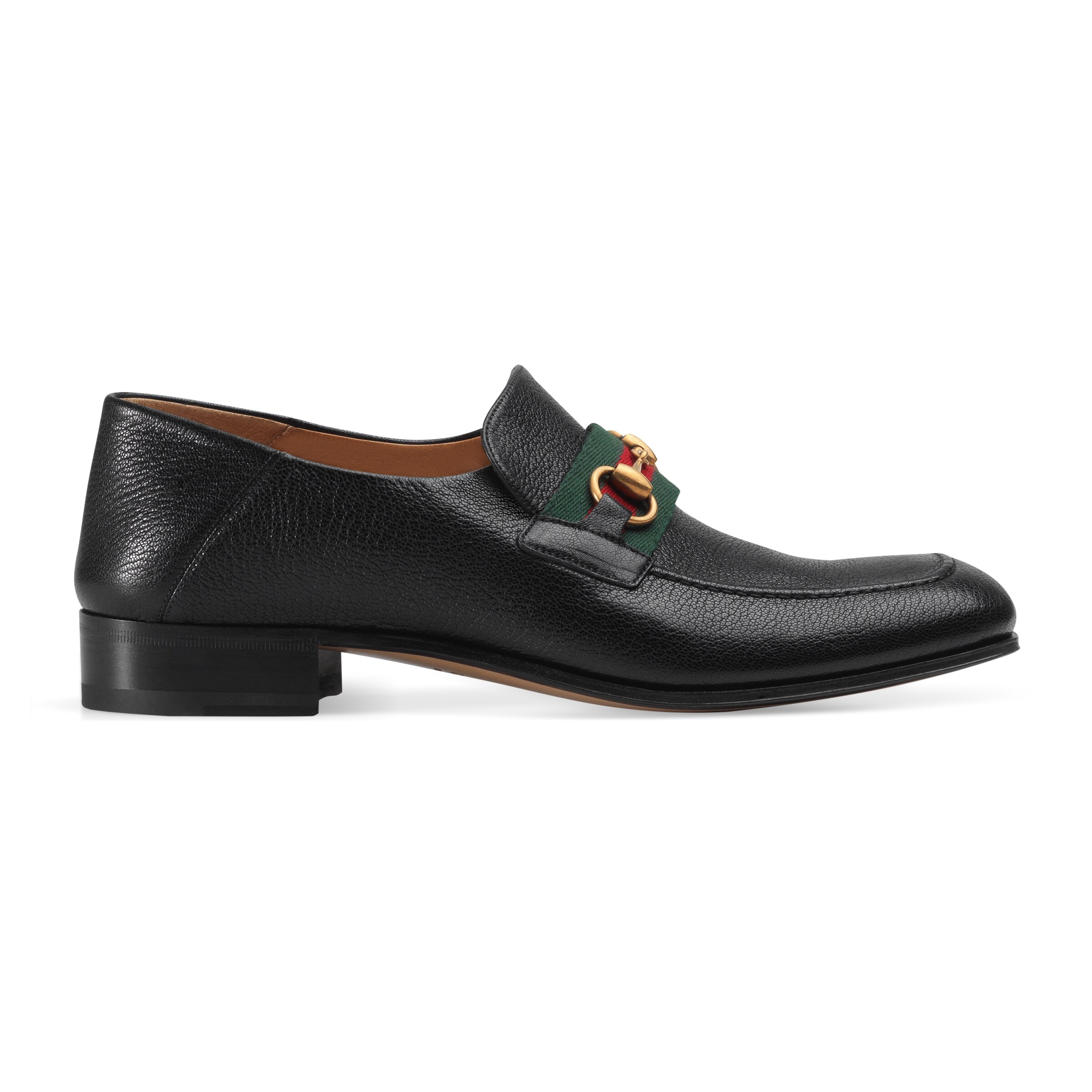 Gucci Bonny Horsebit Collapsible-Heel Webbing-Trimmed Full-Grain Leather Loafers In Black