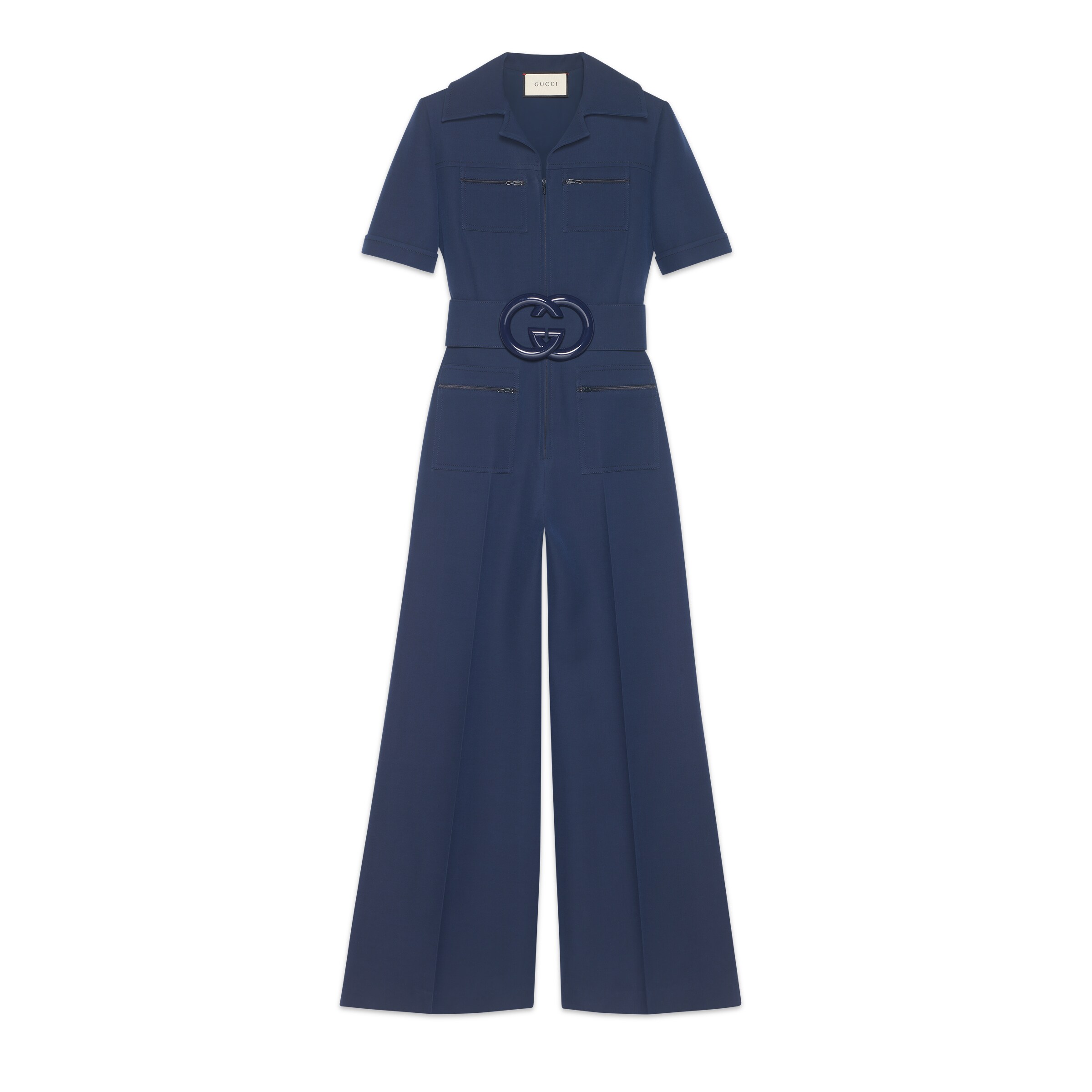 Gucci Belted Wool And Silk-blend Cady Jumpsuit In Navy Cady Crepe Wool Silk