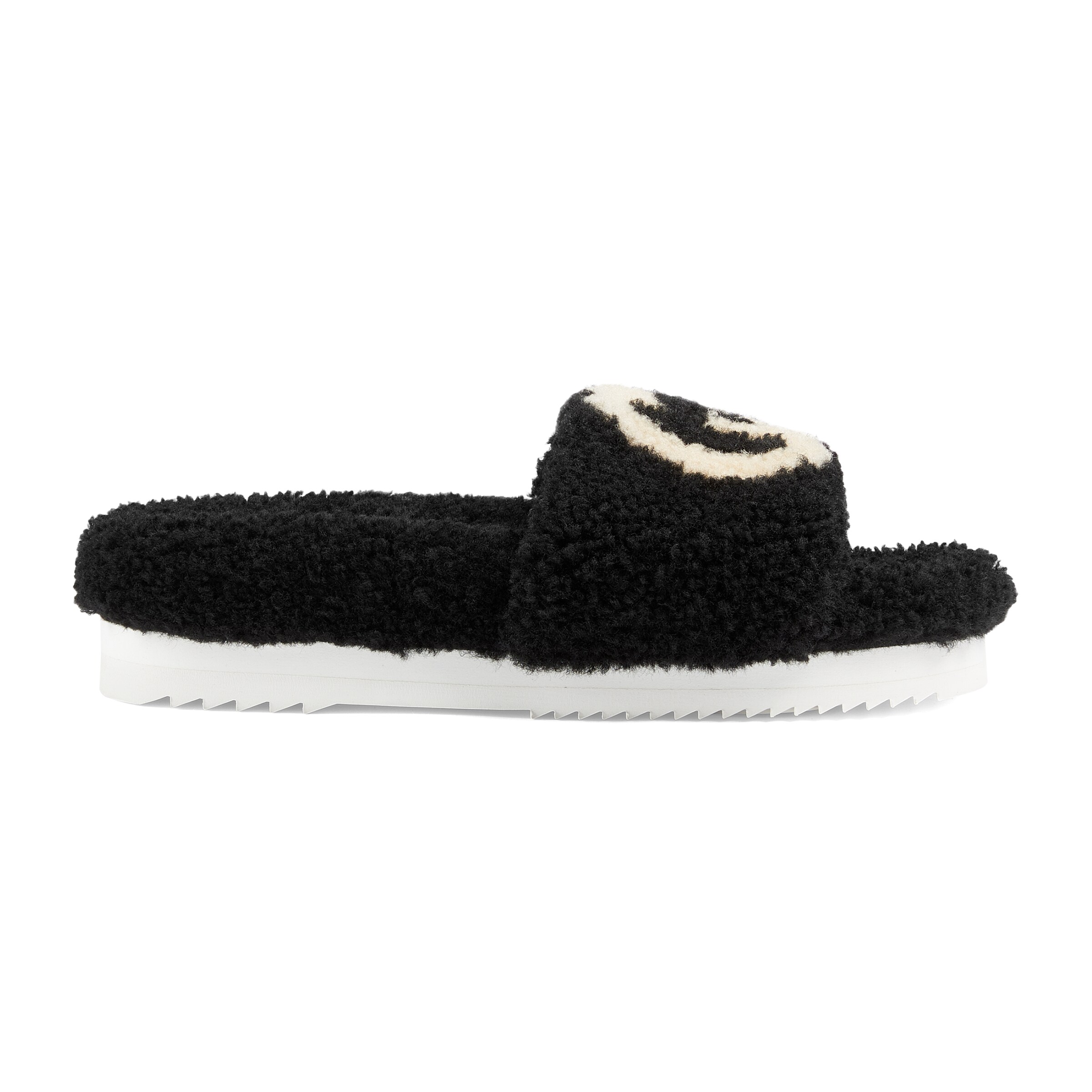 Gucci Eileen Logo Genuine Shearling Slide Sandal In Black Merino Wool