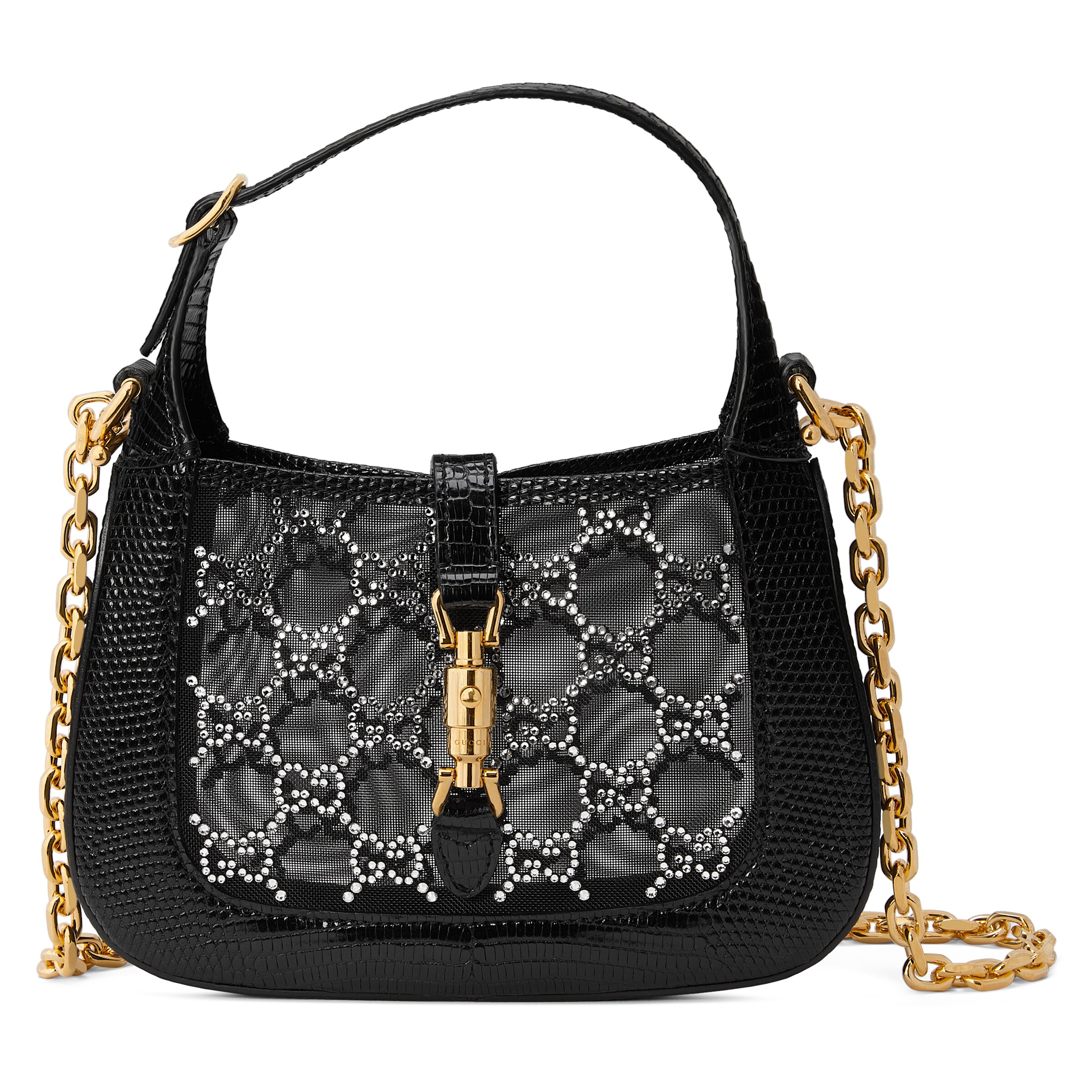 Gucci Jackie 1961 Mini Crystal Gg Lizard Bag In Black