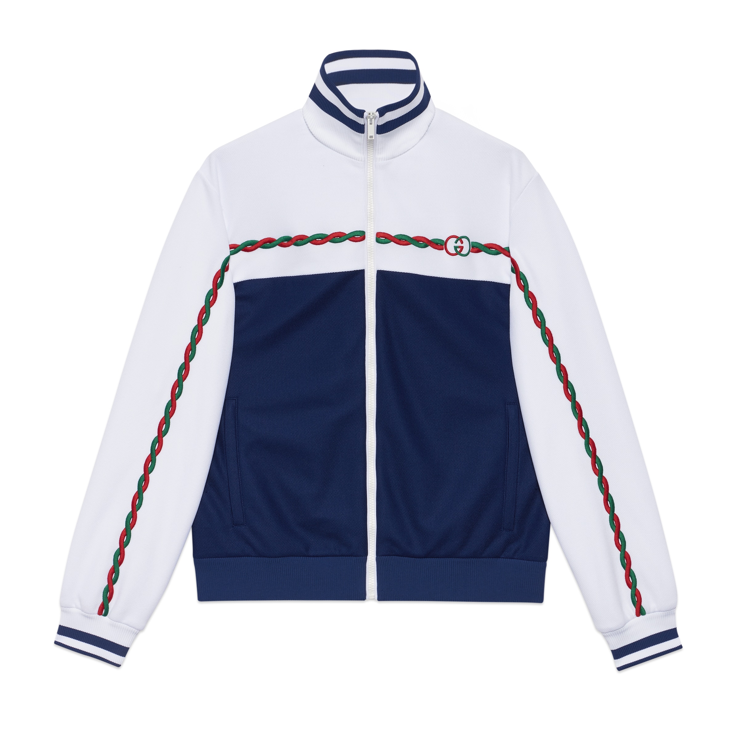 Gucci Interlocking G Polyester Piquet Zip Jacket In White,blue
