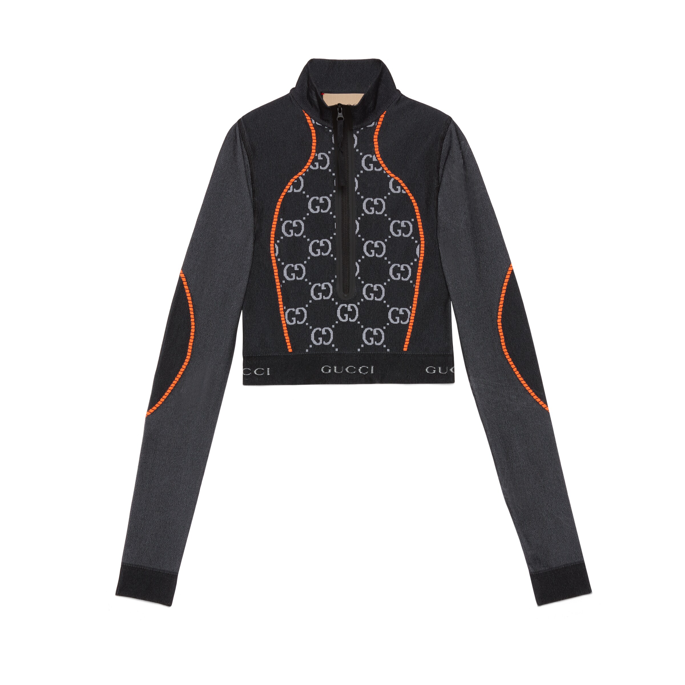 Gucci Gg-monogram Long-sleeved Jersey Crop Top In Black