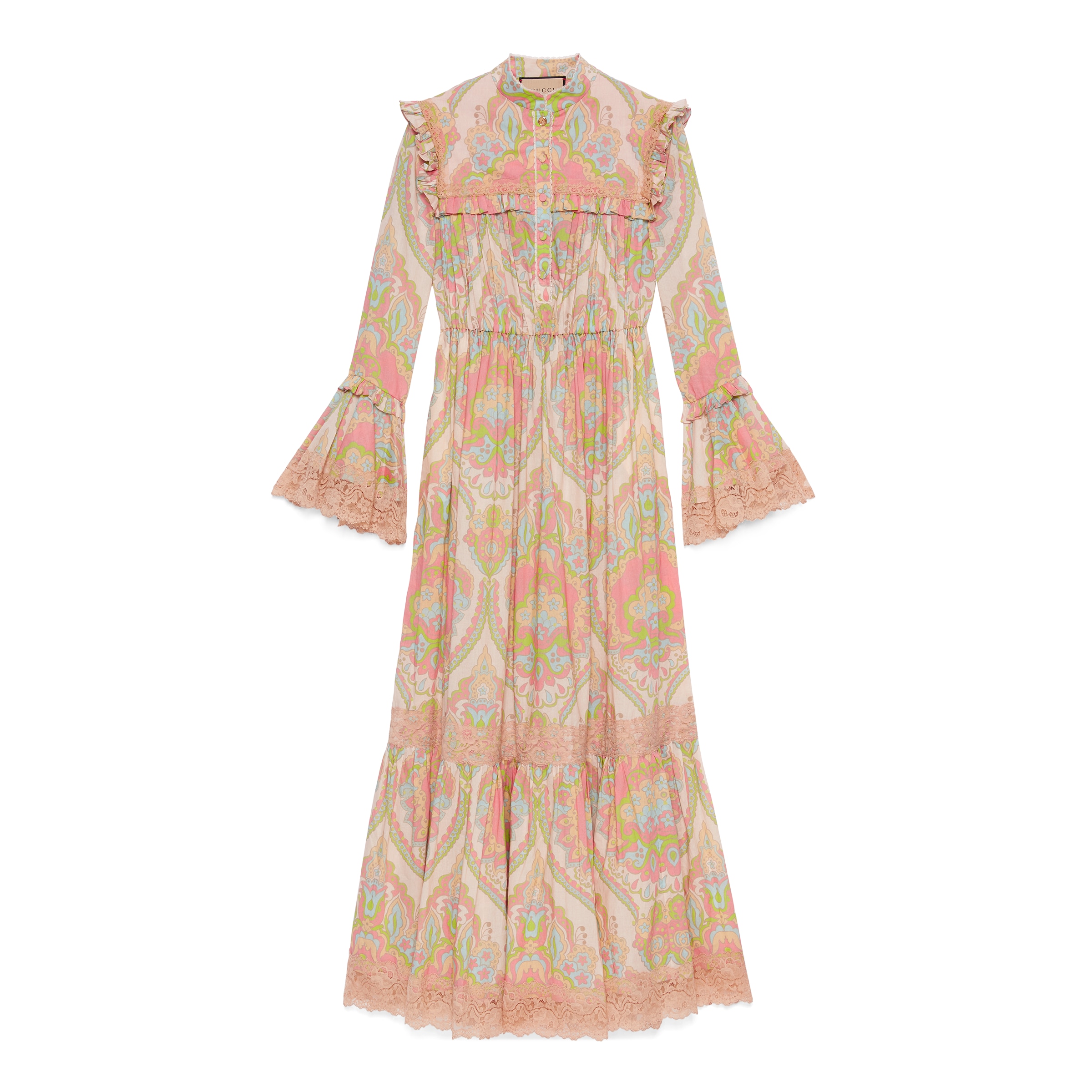 Gucci Paisley Patterned Cotton Shirt Dress With Lace Inserts In Pink