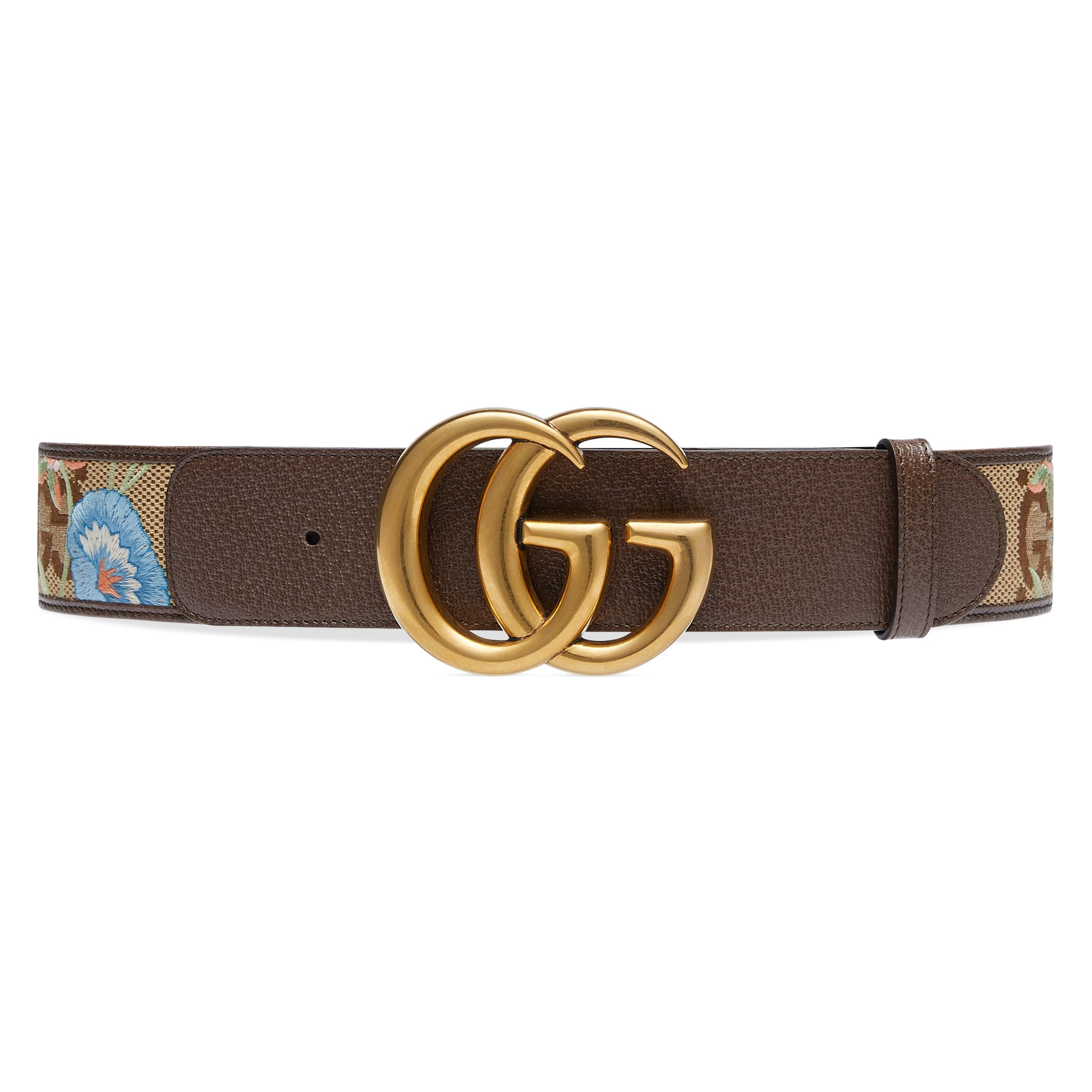Gucci Gg Jumbo Canvas Belt With Floral Embroidery In Beige 