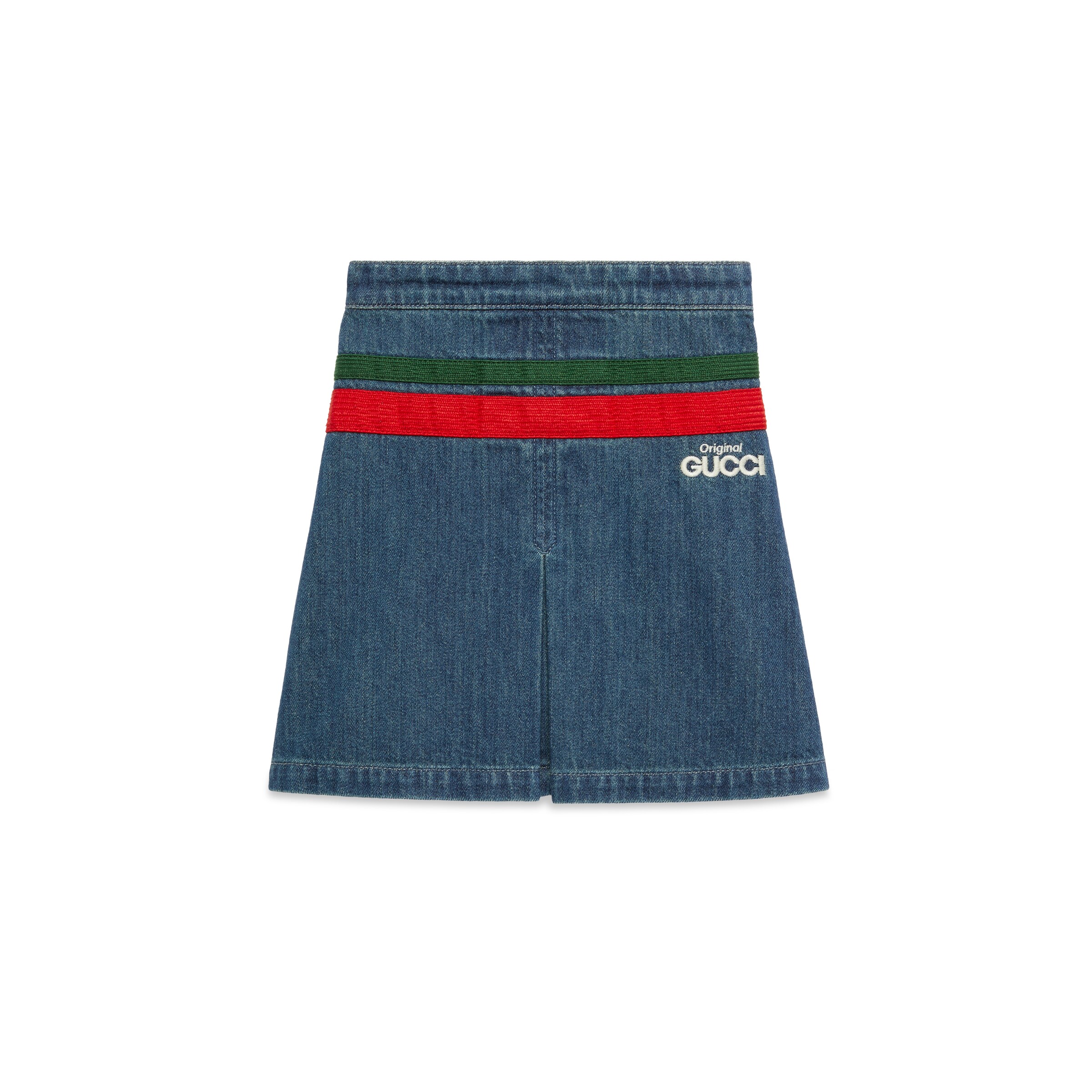 Gucci Web Stripe Pleated Denim Skirt In Blue