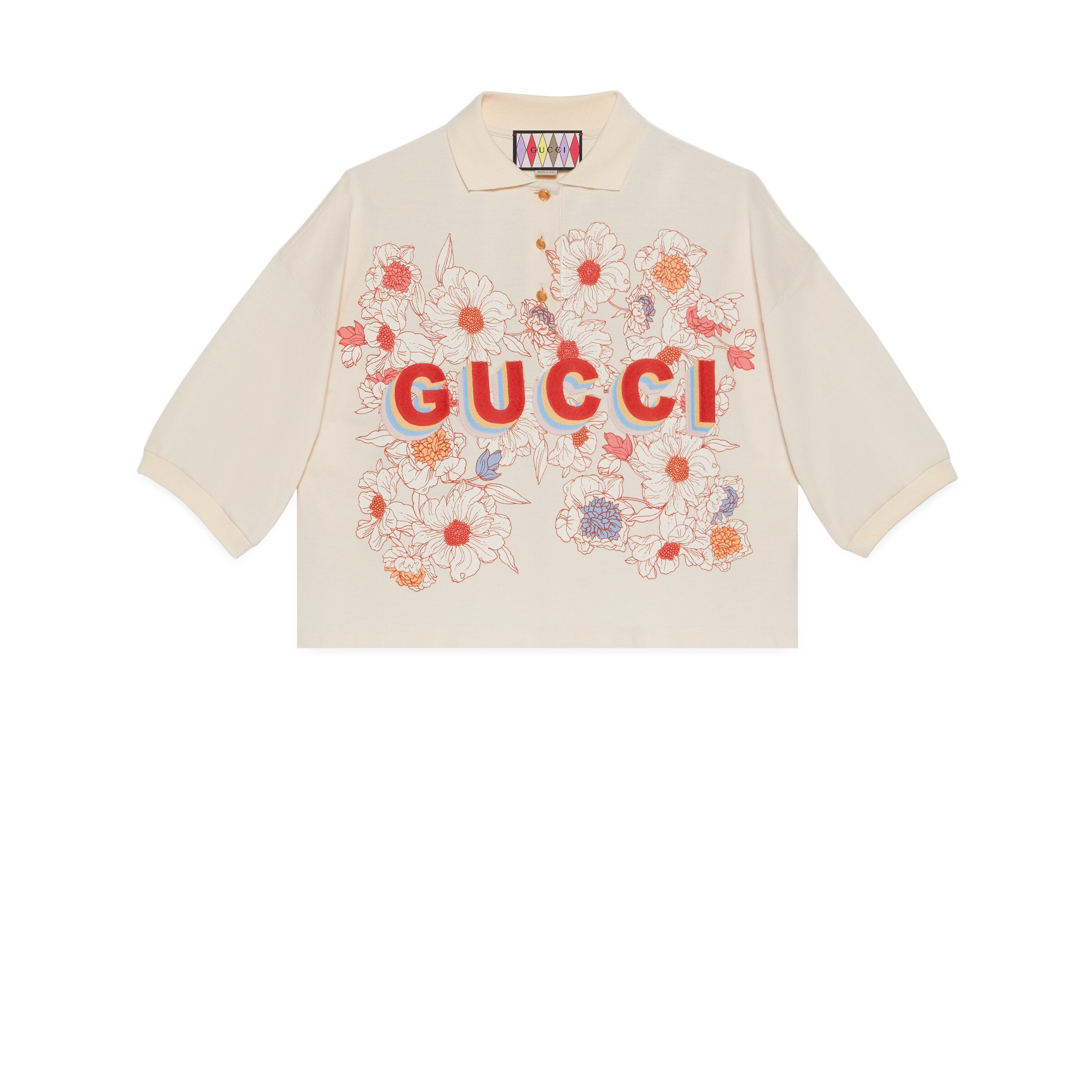 GUCCI★素敵！LOVELIGHT WHITE COTTON WITH EMBROIDER v Gucci Lovelight Cotton Polo Top With Print In White | ModeSens