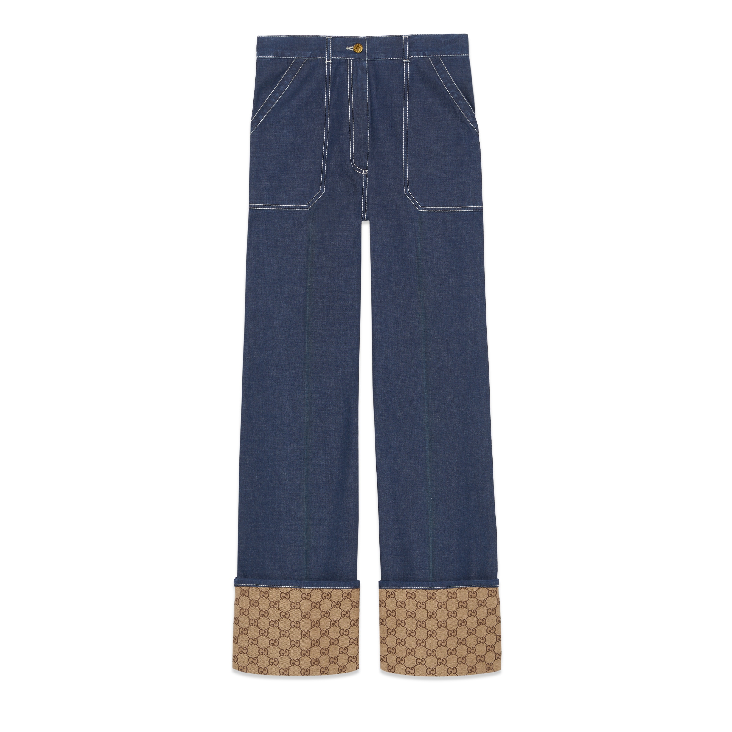 Shop Gucci Gg Cuff Denim Pant In Blue