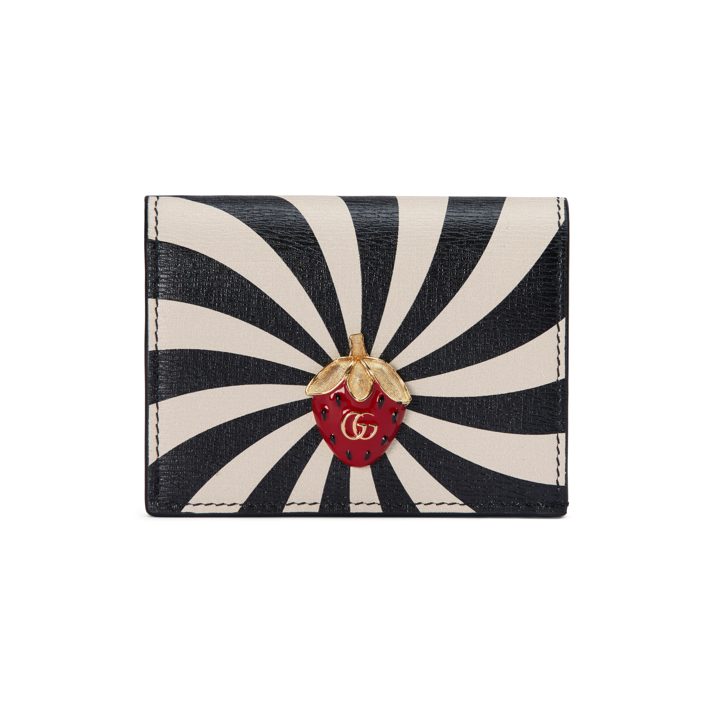 Gucci Card Case Wallet With Double G Strawberry In Black