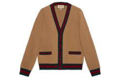 Knit wool cardigan with Web in camel | GUCCI® GR