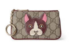 GG key case with cat detail in beige and dark brown fabric