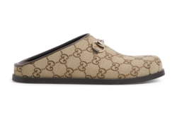 Women's mule with Horsebit in camel and dark brown GG canvas
