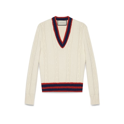 Cable knit jumper with Web in white wool GUCCI Australia