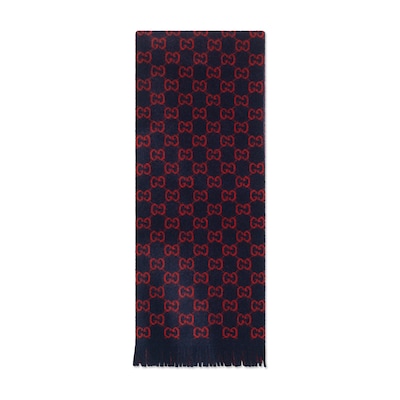 Gucci★素敵！SF Giant Blue Red Ivory Wool Blend Long Scarf GG jacquard silk wool shawl in dark blue | GUCCI® US