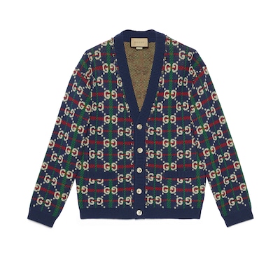 GG check knit wool cardigan in blue and white | GUCCI® MX