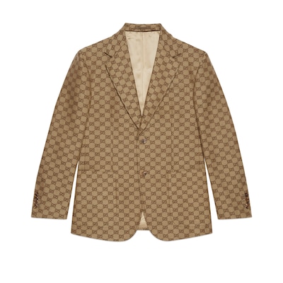 GG linen blend canvas formal jacket in camel and ebony GUCCI ZA