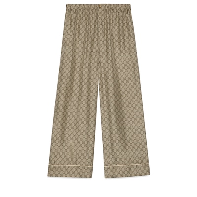 GG Supreme print silk pant in beige and ebony | GUCCI® US GG Supreme print silk pant in beige and ebony | GUCCI® US