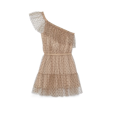 MONIQUE LHUILLIER One-shoulder belted ruffled polka-dot