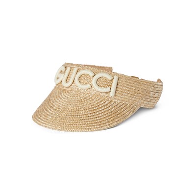 Woven straw visor in natural GUCCI US
