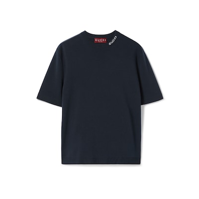 Silk cotton T-shirt with Gucci intarsia in navy | GUCCI® US