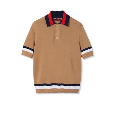 Piquet knit cotton polo shirt in camel | GUCCI® US