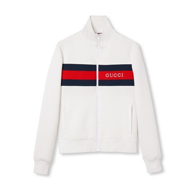 Neoprene zipped jacket with Web in white | GUCCI® US Neoprene zipped jacket with Web in white | GUCCI® US